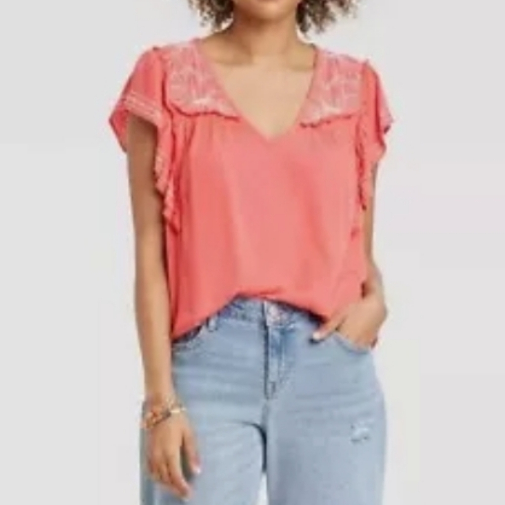 Knox Rose Guava Jelly Top Size XXL Flutter Sleeve Embroidery Detail Boho NWT